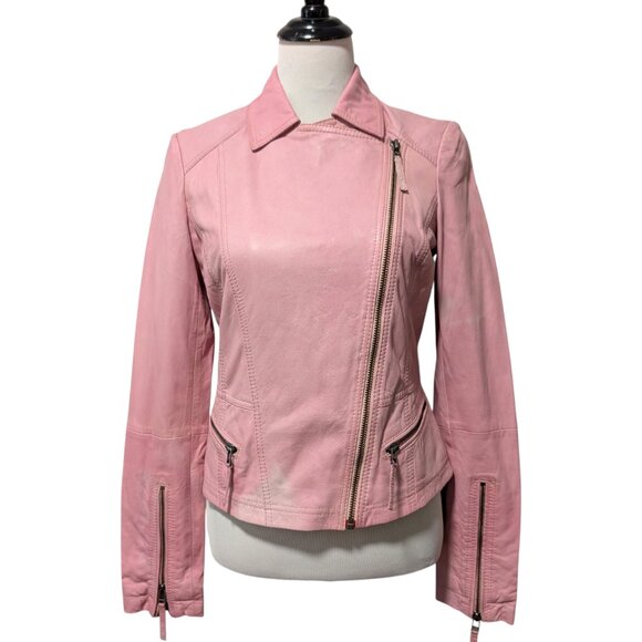 Oui Womens Size US 4 Pink Washed Lamb Leather Asymmetric Zip Moto Style Jacket - Picture 1 of 12